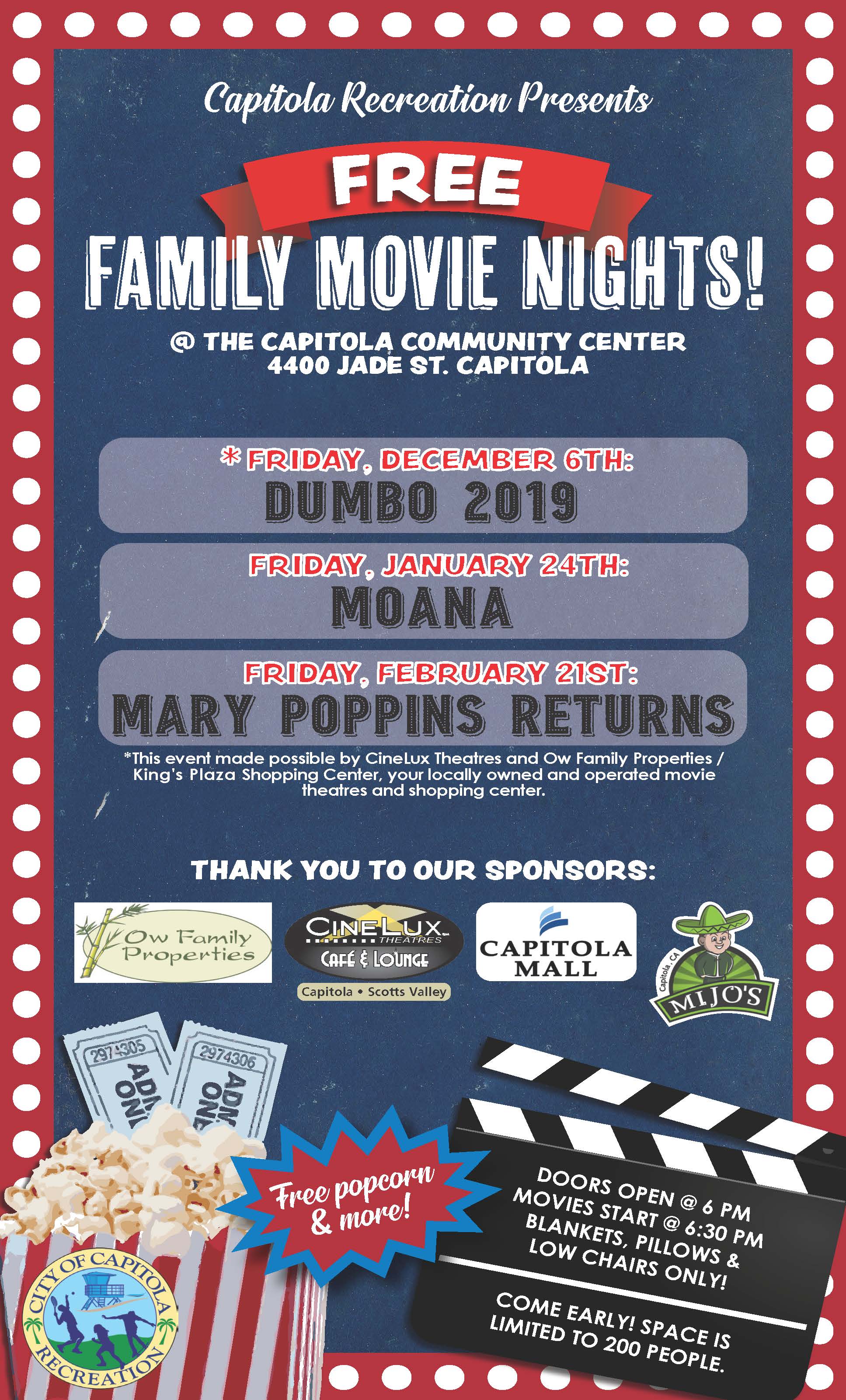 Free Family Movie Nights Through February City of Capitola California