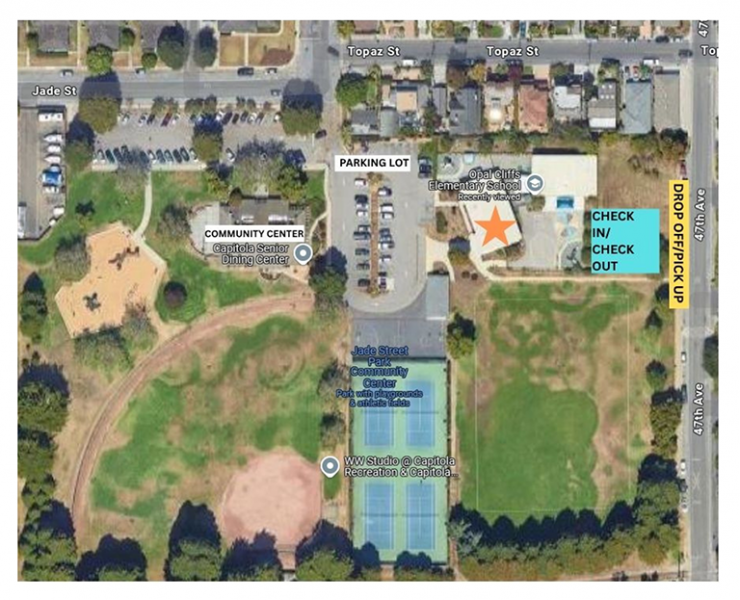 map showing the proper place for drop off and check in