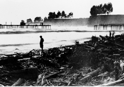 Photo with Capitola wharf in background after 1913 storm damage.