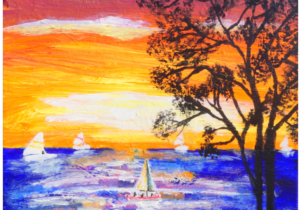 Sunset at the Beach with Sailboats