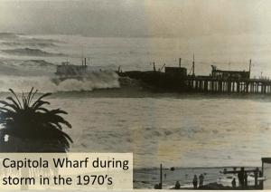 Capitola Wharf during a storm in the 1970s