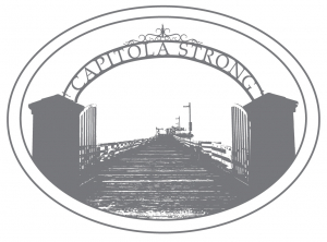 Grey and white image of arch in front of wharf reads Capitola Strong
