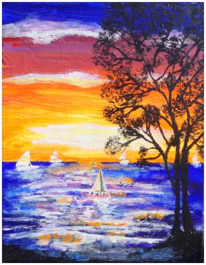 Sunset at the Beach with Sailboats
