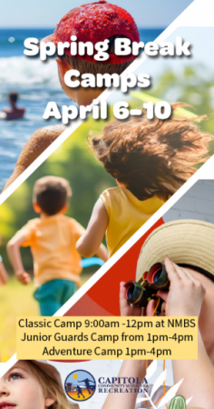 Spring Break Camp image showing three photographs depicting children in camp environments